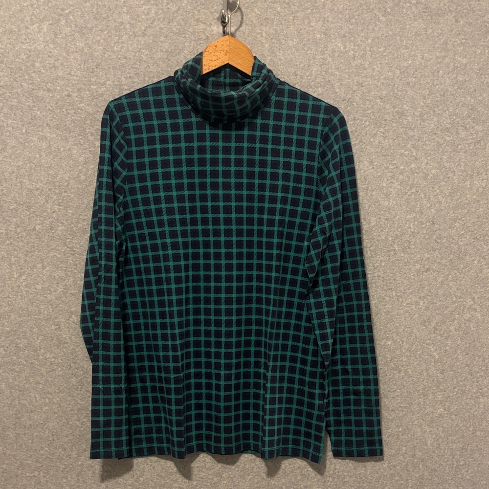 Lands' End Green and Navy Plaid Turtleneck size Large